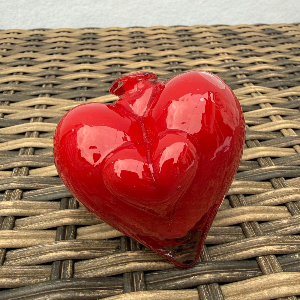 Vintage Red Art Glass Double Heart Paperweight Sculpture 3" Hand Blown